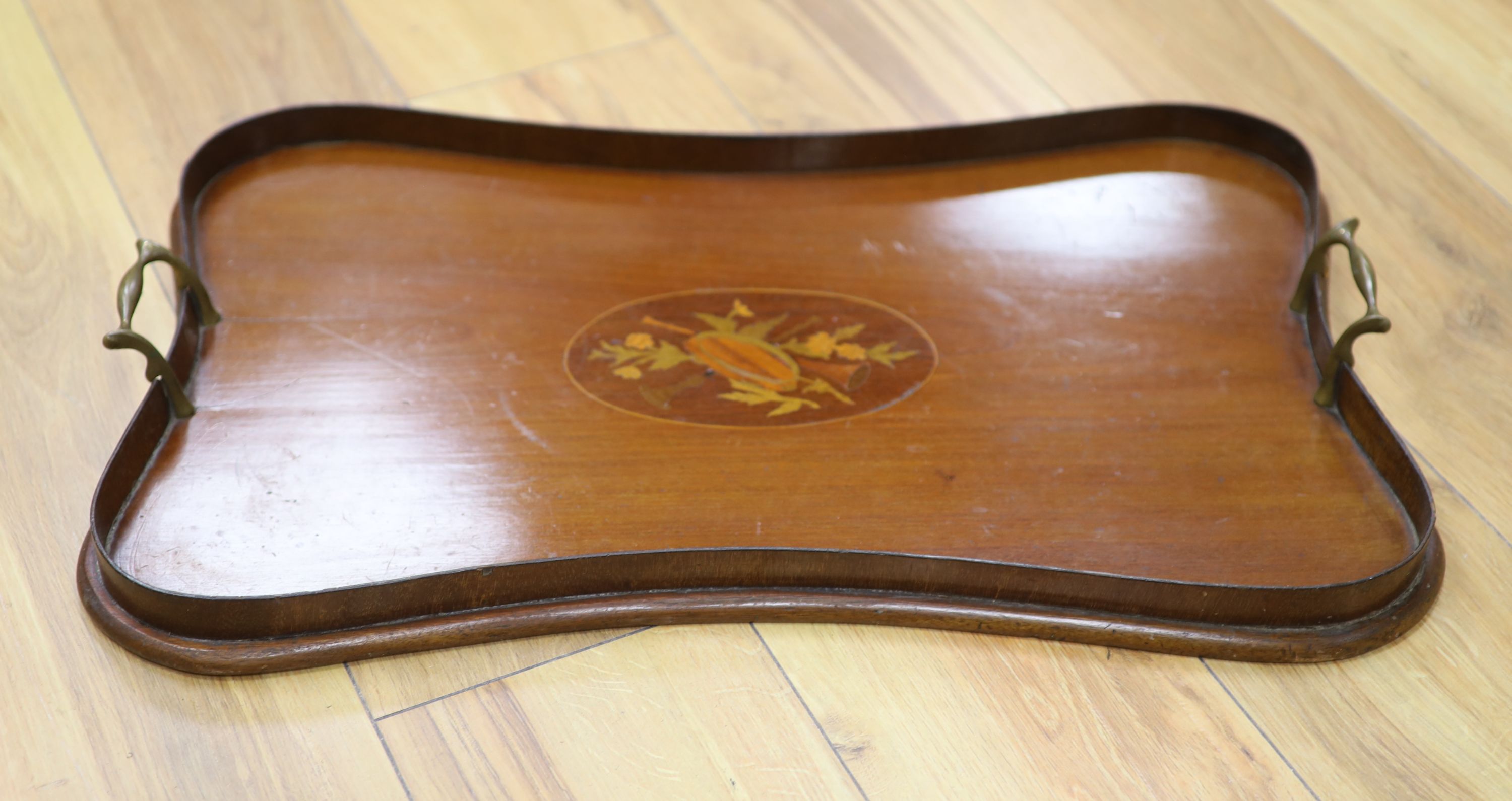 A Sheraton revival marquetry and mahogany tray, 58 x 37cm